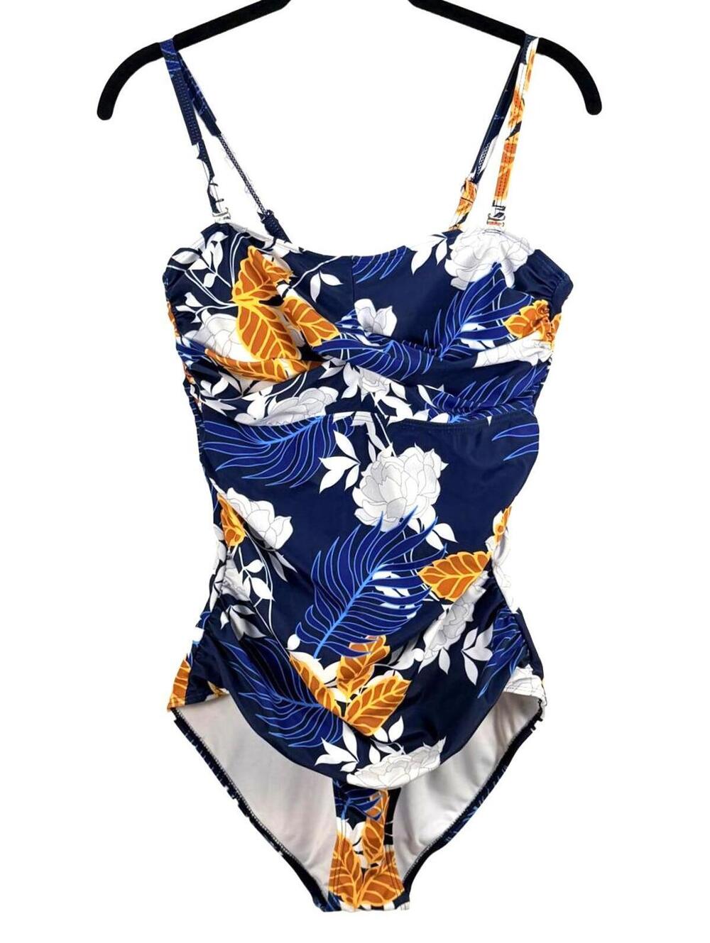 NWT Smismivo One Piece Swimsuit Navy Orange Floral Ruched Tummy Control Size M